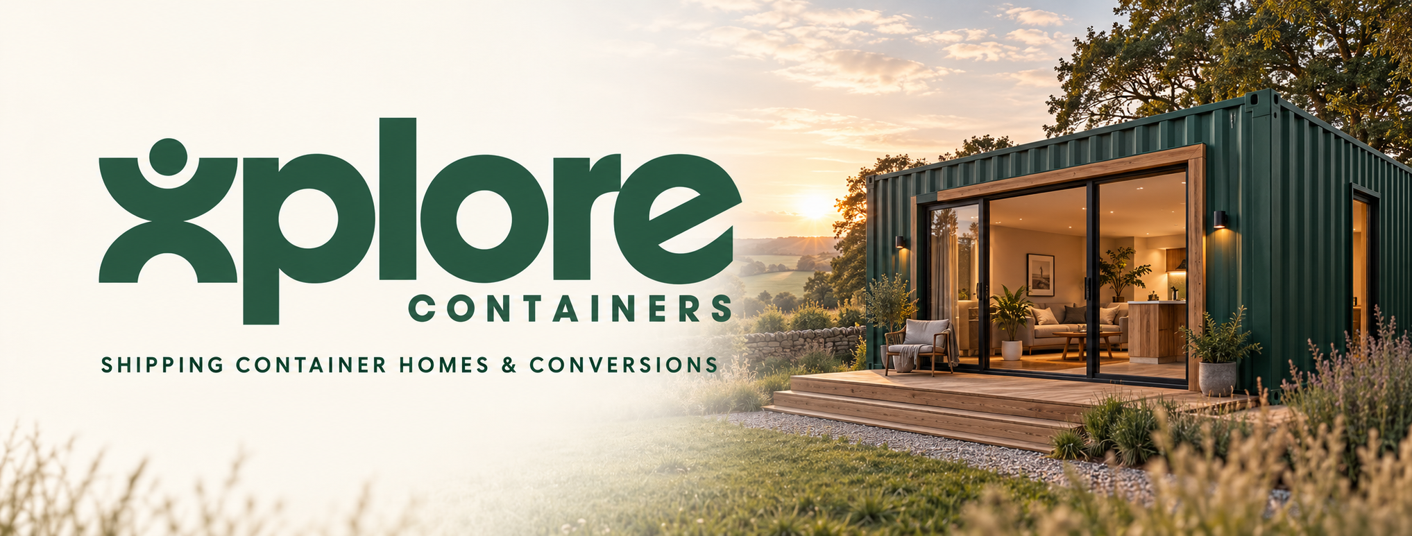 Xplore Containers concept: forest-green container home with timber decking and large glazed doors in a countryside setting